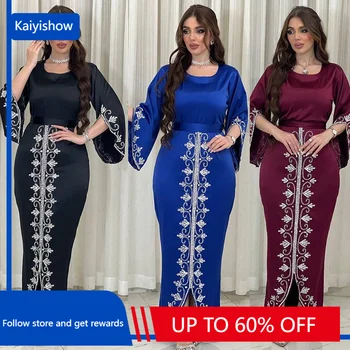 Платья Abaya 2023, Летние Элегантные мусульманские женщины С Длинным рукавом и круглым вырезом, Синее Черное Длинное платье из полиэстера, Мусульманская мода Abaya