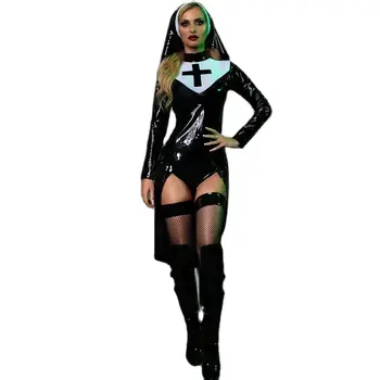 Костюм Святой соблазнительницы, сексуальный виниловый костюм монахини на Хэллоуин, Маскарадное платье
