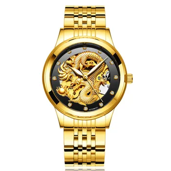 Золотые часы кожаные многофункциональные водонепроницаемые золотые часы dragon watch автоматические механические полые мужские чистые красные часы