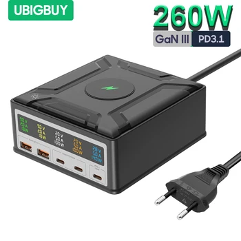 Настольное зарядное устройство Ubigbuy 260W USB C с 5-портовым портом беспроводной зарядки USB Plus 1, станция быстрой зарядки 140W PD3.1 со светодиодным дисплеем