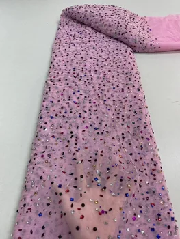 Розовая Кружевная ткань с бисером Нового дизайна 2023, Роскошные Бусины, Кружевная вышивка, Французский Нигерийский Тюль, Кружевная ткань для свадебного Шитья