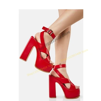Красного цвета, Босоножки на платформе с Перекрестной шнуровкой, С Круглым Носком и Ремешком с пряжкой, Женская обувь на высоком Массивном Каблуке 2023, Модные, Пикантные Zapatillas Mujer