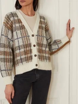 Раннеосенний Женский вязаный свитер с длинным рукавом, Свободные модные Однобортные сращивания, универсальная клетчатая куртка с V-образным вырезом