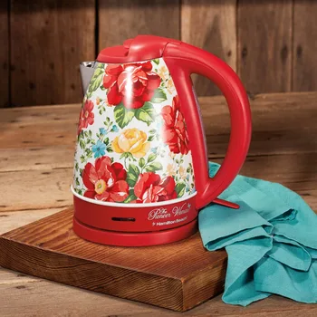 Винтажный электрический чайник с цветочным узором, красный, 1,7 литра