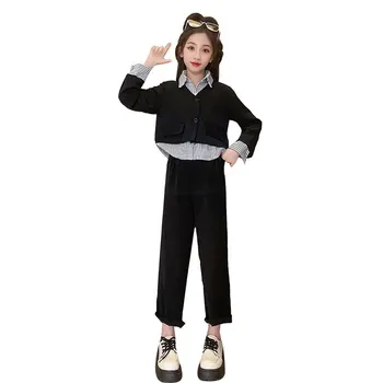 Модный Костюм в стиле пэчворк 2023 года для девочек, Комплект из 2 предметов, Весенне-осенняя рубашка, Блейзер + Брюки, Детские спортивные костюмы, Детская Уличная одежда