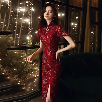 Винтажное Бордовое Женское Ципао, Изысканное китайское платье Чонсам, Сексуальное платье с разрезом по Высоте, платье для вечеринки с воротником-стойкой Vestidos