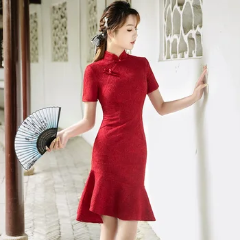 Qipao 2023 Новое Летнее Красное платье с рыбьим хвостом Для молодых Девушек, Модное Темпераментное Сложное Кружевное Традиционное китайское женское платье Чонсам
