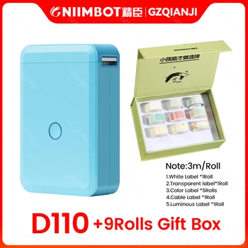 Термопринтер для печати этикеток D110 Niimbot с бумажной коробкой в 9 рулонов, Цветная симпатичная наклейка для этикеток, бумажные рулоны, обновление D11