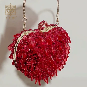 Женская сумка с украшением в виде кристаллов, сумочка для свадебной вечеринки, Красный клатч с блестками, украшенный бисером, Сумки через плечо с цепочкой в форме сердца