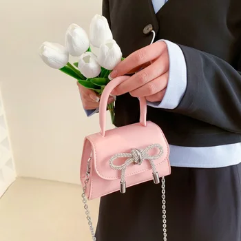Дизайн с бантом, однотонная Мини-сумка через плечо из искусственной кожи с клапаном, сумки через плечо для женщин 2023, Модные женские кошельки и сумочки на цепочке