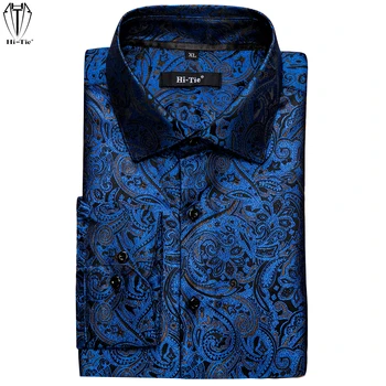 Роскошные темно-синие шелковые мужские рубашки Hi-Tie С отворотом, Рубашка с длинным рукавом, Жаккардовая мужская блузка с цветочным рисунком, Одежда для свадебного бизнеса