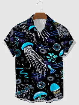 Мужские модные летние футболки с 3D-принтом в виде гавайской медузы, Уютные повседневные рубашки на одной пуговице, пляжные рубашки Оверсайз с коротким рукавом