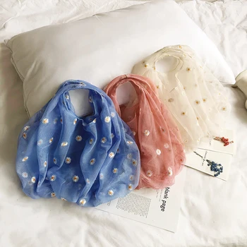 3d Женская сумка с вышивкой Ромашки Для девочек, сумка для покупок, Маленькая Прозрачная сумка-тоут из Сетчатой ткани, Высококачественная эко-сумка для фруктов, кошелек