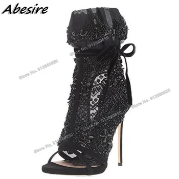 Женские сандалии Abesire на шнуровке с украшением в виде кристаллов, полые однотонные воздушные сетчатые модные женские туфли с открытым носком, свадебные туфли на каблуках