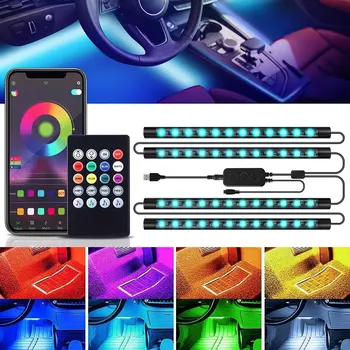 Водонепроницаемая светодиодная лента освещения салона автомобиля 4 в 1, Управление приложением Bluetooth, RGB, Атмосфера автомобиля, Окружающий свет лампы, USB Зарядка, Украшение
