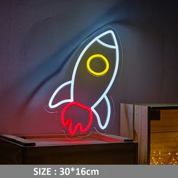 Изготовленная на заказ Неоновая Вывеска Space Rocket LED Неоновая вывеска с прозрачной акриловой пластиной, Неоновый декор, Космическая ракета, Световая вывеска, Ночник, Подарок