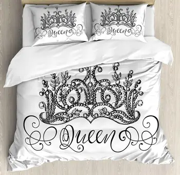 Комплект Пододеяльников Queen, Нарисованная от руки корона с надписью Queen, Элементы каллиграфии в стиле барокко, Декоративный комплект постельного белья из 3 предметов