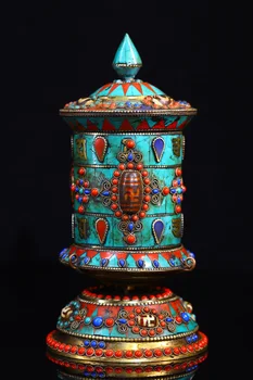 Коллекция Тибетского храма 8 дюймов, Старый Бронзовый филигранный драгоценный камень, бусины Дзи, бирюзовое молитвенное колесо, буддийская утварь для пения, Городской дом