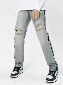 Винтажные рваные джинсы в стиле Хип-хоп, хай-стрит, оверсайз, прямые джинсовые брюки в полоску сбоку, мужские рваные джинсы с потертостями до колена