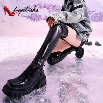 LapoLaka / Новинка 2022 года; Модные Уличные женские сапоги выше колена; Сапоги на толстом каблуке В Британском Стиле; Модные зимние женские ботинки для Девочек