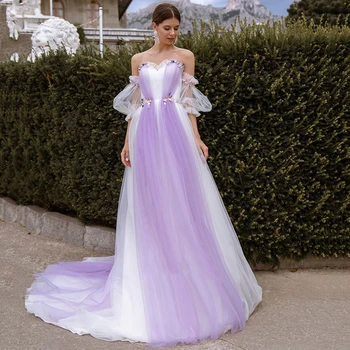Пляжные Фиолетовые свадебные платья Трапециевидной формы с короткими пышными рукавами, Тюлевое свадебное платье с 3D Кружевными цветами, платье невесты длиной до пола с открытой спиной
