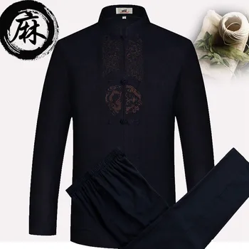Весенний Винтажный Хлопчатобумажный Льняной костюм с вышивкой и длинными рукавами, традиционная униформа для мужчин среднего возраста, одежда больших размеров