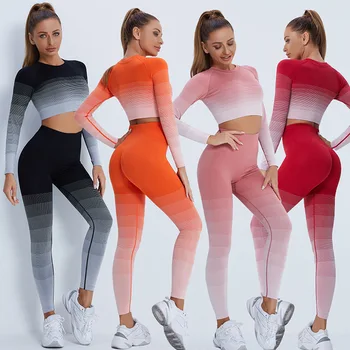 Женский комплект спортивной одежды для фитнеса, градиентные брюки с длинными рукавами, обтягивающие брюки для бега, йоги, комплект леггинсов с длинными рукавами