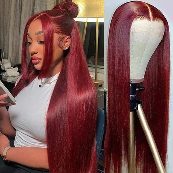 Бордовый 99J 13x4 13x6 HD Кружевной фронтальный парик из прямых волос на кружеве, парик из натуральных волос, 4x4, кружевная застежка, женские настоящие бразильские волосы