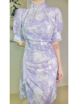 Цветочное Платье Young Slim Cheongsam, Модифицированный Летний Темперамент 2023, Милое Маленькое Свежее Фиолетовое платье, Женская одежда