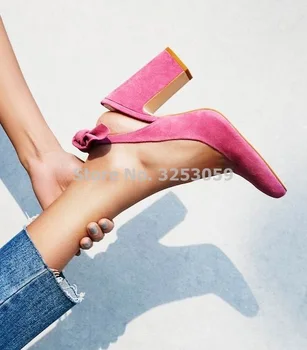Новые дизайнерские Розовые замшевые женские туфли-лодочки на массивном каблуке с бантом, милые свадебные туфли-лодочки на толстом квадратном каблуке с бабочкой и узлом