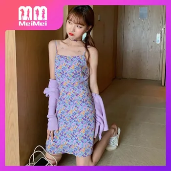Маленькая юбка Yihua на подтяжках с цветочным рисунком в стиле ретро, лето 2021, новая корейская версия французского приталенного женского платья трапециевидной формы