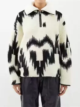 Женское жаккардовое пальто с геометрическим рисунком Из искусственного меха, Осень-зима 2023, отложной воротник на молнии, Женский пуловер, куртка 2 цветов