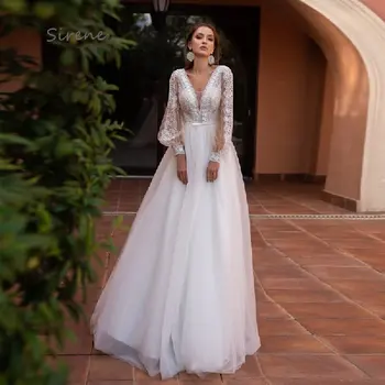 Элегантные Богемные Свадебные платья с V-образным вырезом 2023, Длинные рукава-фонарики с открытой спиной, Кружевные Тюлевые Свадебные платья Vestido De Noiva