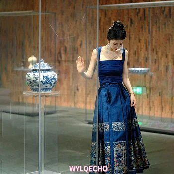 Женская Юбка Hanfu с лошадиной Мордой, Оригинальная китайская традиционная юбка Hanfu Династии Мин, Винтажная темно-синяя юбка с лошадиной Мордой, Новинка 2023 года