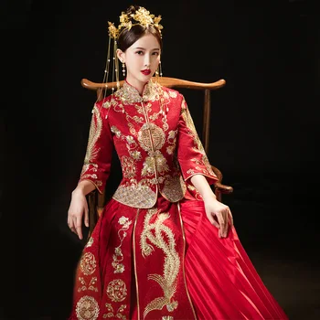 Традиционное Китайское Свадебное Платье Ципао Cheongsam Modern, Женское Винтажное Платье С Вышивкой Феникса, Свадебное Платье