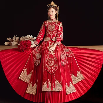 Красный Китайский костюм Эпохи Тан, Летнее Традиционное Свадебное платье, Женский Старинный Висячий Халат Со Стоячим воротником и вышивкой Феникса