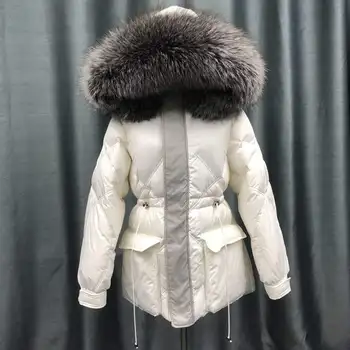 Зимняя мода, большой воротник из лисьего меха, теплое пушистое пальто на утином пуху, женское индивидуальное тонкое пальто с капюшоном, более толстые теплые пуховые парки F729