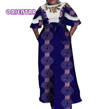 Африканские платья для женщин с африканским принтом и белым кружевом, женское Элегантное длинное платье Макси с рукавом-бабочкой и поясом WY4283
