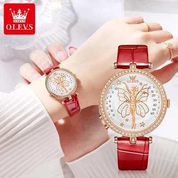 OLEVS 5576 Водонепроницаемые кварцевые часы для женщин, Модные Крылья бабочки, Модный ремешок из натуральной кожи, женские наручные часы