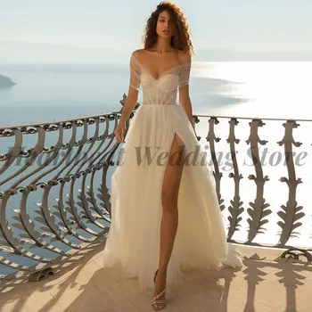 Сексуальное Свадебное платье 2023 с открытыми плечами, Разрезом по бокам, V-образным вырезом, шлейфом и шнуровкой для Дам Robe De Mariee
