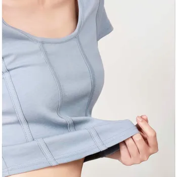 Sandro Rivers/ Новая женская винтажная футболка с квадратным воротником на плечах и короткими рукавами в виде рыбьей кости Внутри тонких коротких топов
