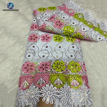 Африканская Кружевная ткань Высокого качества, Зеленая, Розовая, Белая, Кружевная ткань Из гипюра в Нигерийском стиле, Вышивка золотыми блестками для одежды 32