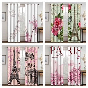 Мультяшный Романтический Розовый Париж, Эффектная башня, Оконные шторы для девочек, Шторы для Детской спальни, гостиной, кухонной двери, домашнего декора, 2 предмета