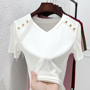 Женская хлопковая футболка с короткими рукавами, Летняя футболка с V-образным вырезом в стиле пэчворк, пряжка на плече, Стрейч, большие ярды, можно Шелковые тонкие топы в готическом стиле