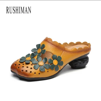 RUSHIMAN, Женские крутые тапочки на плоской подошве, Босоножки-слайды, Летние туфли-слипоны из натуральной кожи 2021, Размер 35-40