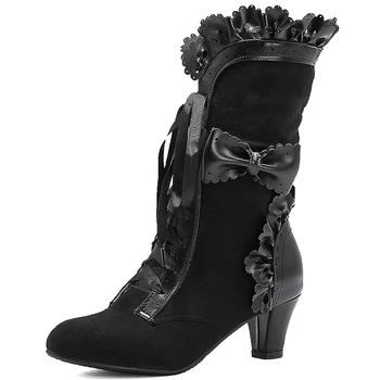 Новые милые женские ботинки с бантом, Готический Черный Ретро-Шнурок, Сапоги до середины икры в стиле Лолиты, Косплей в стиле Стимпанк, Женская обувь Большого размера