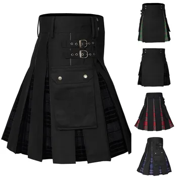 Мужской Модный Килт в шотландском стиле в клетку Контрастного цвета с карманом, Плиссированная клетчатая юбка, Традиционная для мужчин, Универсальная Юбка-килт