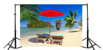Фон для фотосъемки Пляжный Шезлонг На берегу моря Красный Пляжный зонтик Скалы Камни Кокосовая Пальма Голубое Небо Белое Облако Природа