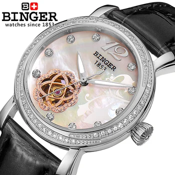 Женские часы Switzerland Binger, роскошные брендовые часы, женский кожаный ремешок с автоматическим автоподзаводом, алмазный clcok B-1132L-1
