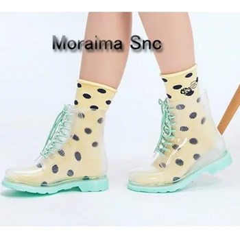 Moraima Snc/весенне-летние женские ботильоны на шнуровке; женская обувь из прозрачного ПВХ синего цвета; модные непромокаемые ботинки с круглым носком; Ограниченное количество